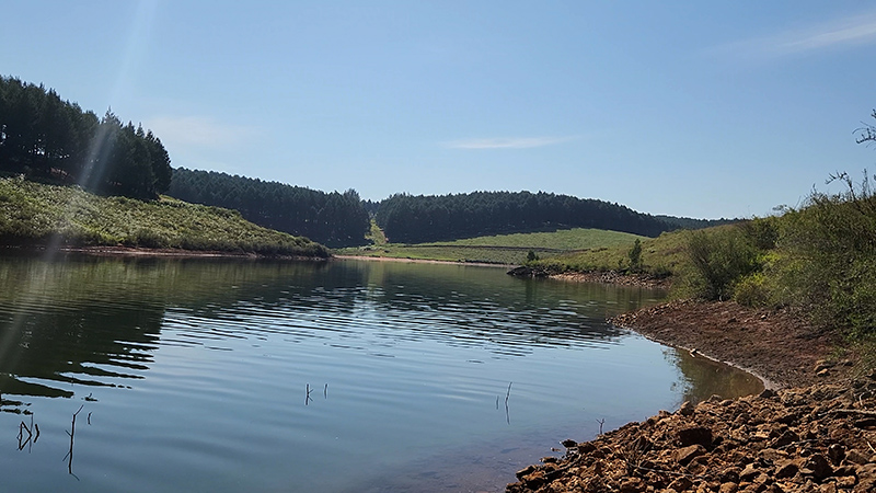 Sunny bay at Ebenezer Dam below Stanford Lake Lodge